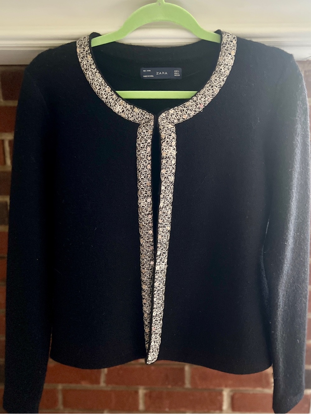 ZARA 100% Wool Black Cardigan with Cream Contrast Trim